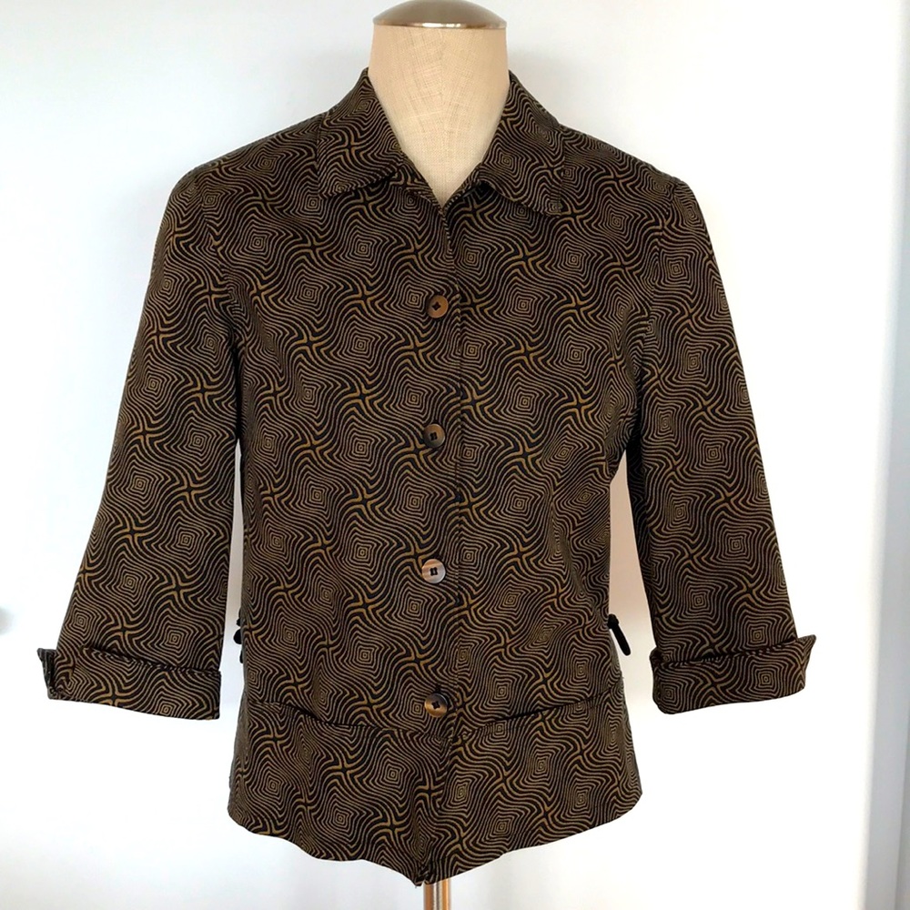Retro print cropped blazer with drawstring cinch